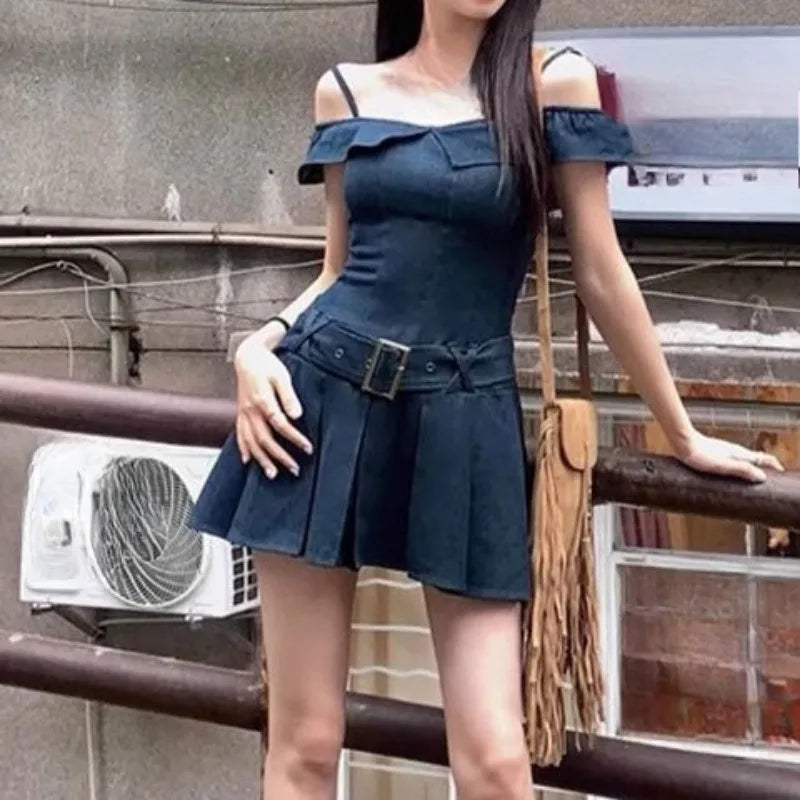 Denim Mini Dresses Ruffles Slash Neck Spring Summer Y2k Vestidos Mujer Korean Dress