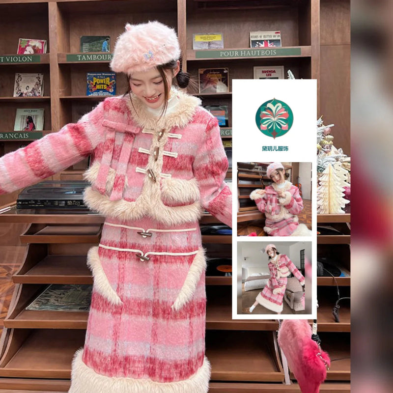 Winter Clothes New Splicing Sweet Woolen Set High End Bull Horn Buckle Grid Wool Coat Long Skirt Two Piece Set Outfits