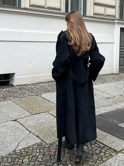 Double Breasted Woolen Overcoat Lapel Long Sleeve Jacket With Belt Female New Commute Outerwear