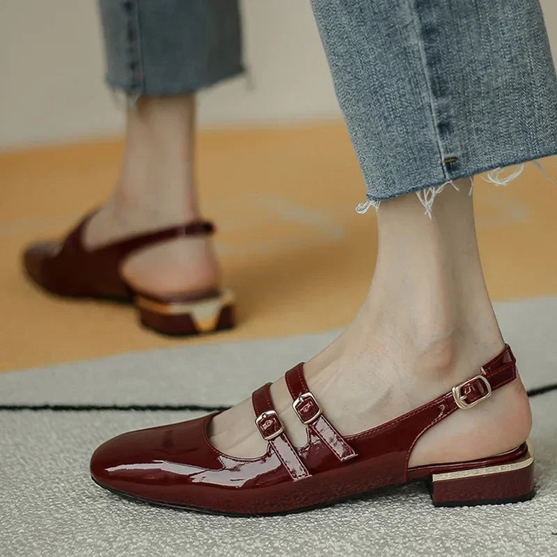 Sandals Summer Shoes Woman Flats Double Buckle Mary Janes Shoes Patent Leather Dress Shoes Back Strap Zapatos Mujer