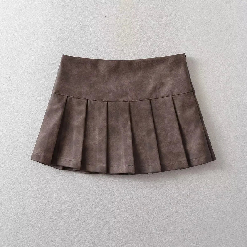 Korean Retro High Street Pu Leather Low Waist Pleated Short Skirt Skirt