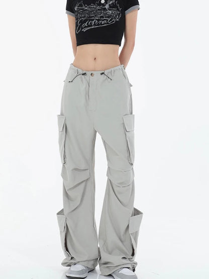 Y2k Cargo Pants Multiple Pocket Patchwork Drawstring Ruched Summer Loose Jogger Wide Leg Pants High Street