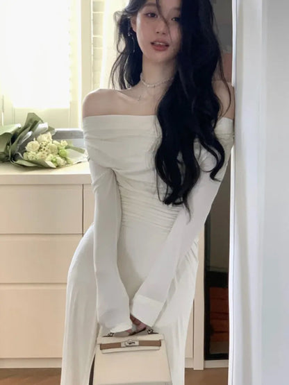Off Shoulder Knit Midi Dresses Autumn Long Sleeve Pleated Dress Slim Evening Party Female Clothing