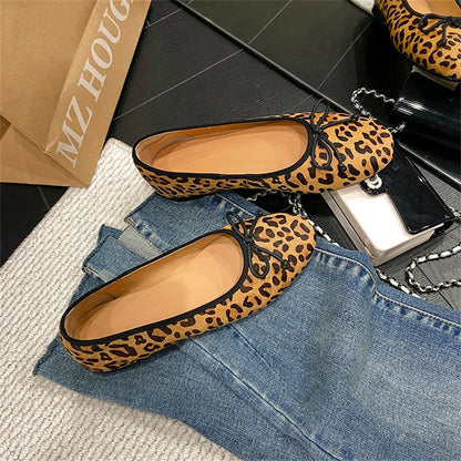 New Woman Ballet Flat Bottom Comfort Black White Leopard Loafers Genuine Leather Quality Flats