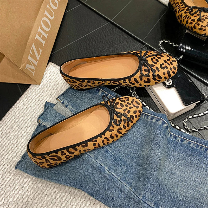 New Woman Ballet Flat Bottom Comfort Black White Leopard Loafers Genuine Leather Quality Flats