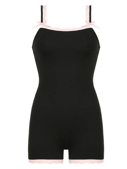 Contrast Lace Patchwork Square Collar Skinny Straps Rompers Playsuits Sweet Y2k Clothing
