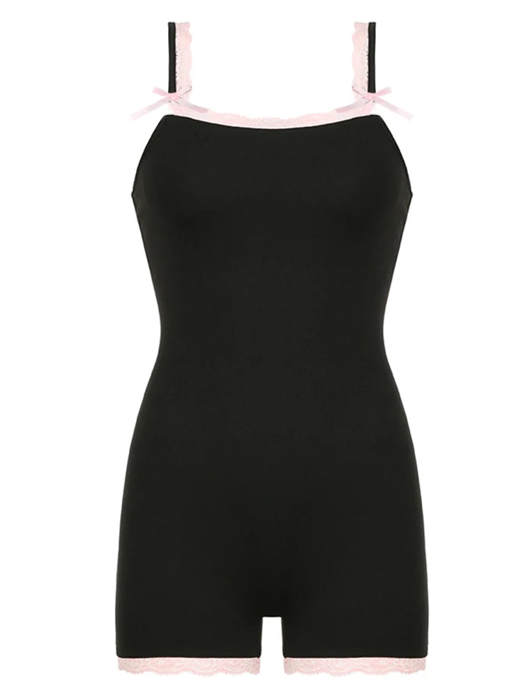 Contrast Lace Patchwork Square Collar Skinny Straps Rompers Playsuits Sweet Y2k Clothing
