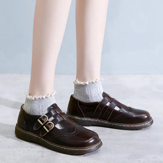 Mary Jane Shoes Summer Thin Section Japanese Double Buckle New Lowcut Flat Round Toe Small Leather Shoes