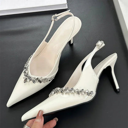 Rhinestone Buckle Strap Pumps Pointed Toe Thin High Heels Slingbacks Heels Sandals Party Prom Shoes