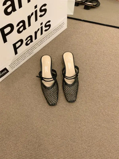 Shoes Slippers Soft Slides Slipers Cover Toe Low Loafers Fretwork Heels Comfort Flat Basic Fabric Rubber Cane Pu