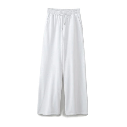 Summer Basic Round Neck Cotton Tshirt Set Short Sleeves Top Female Loose Laceup Straight Leg Pants
