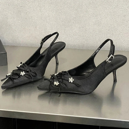 Designer Pointed Toe Thin High Heels Butterflyknot Slingback Sandals Female Party Dress Shoes Pumps