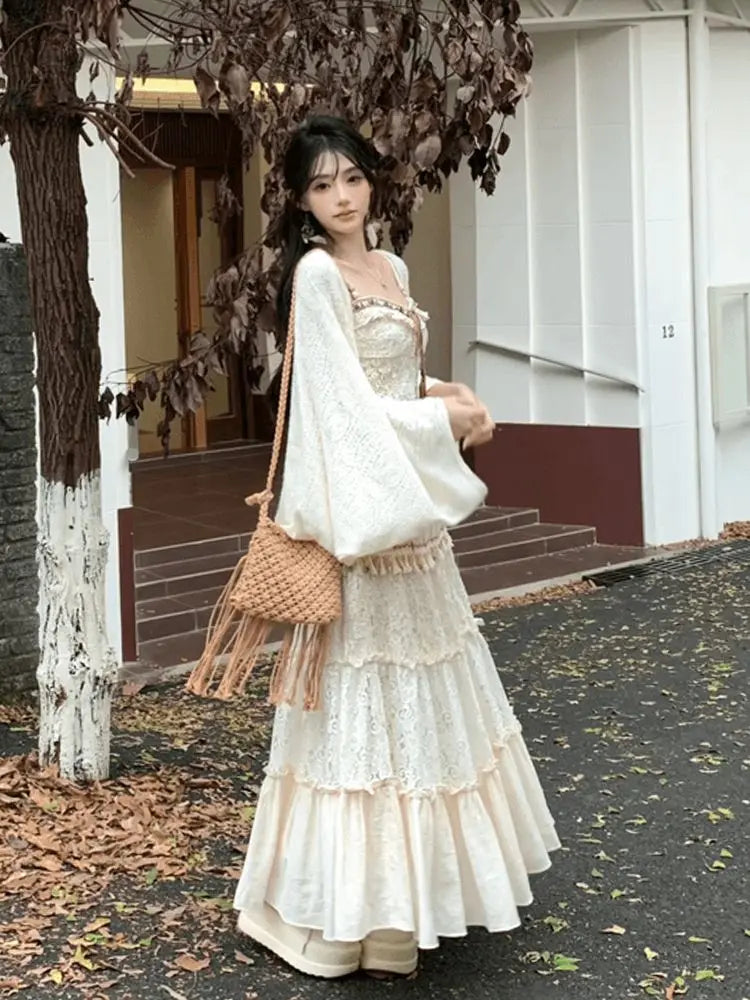 Travel Outfits Vacation Style Three Piece Set for Autumn New Gentle Tank Top+long Skirt+cardigan