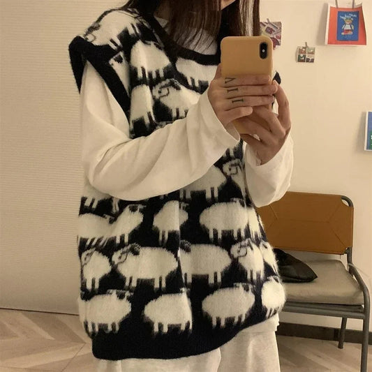 New Harajuku Sheep Print Vest Sweater Kawaii Black Crewneck Knitwear Korean Graphic College Clothes