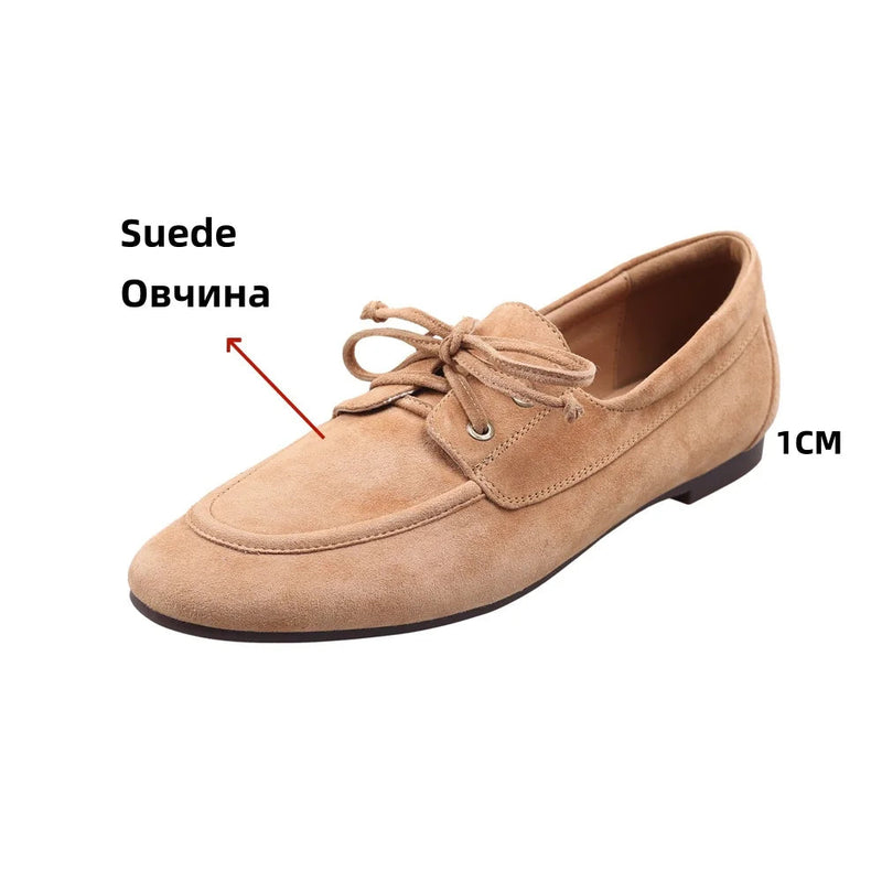 Ballet Flats Shoes Suede Leather Lace Up Loafers Flats Heels Street Office Lady Loafers Shoe