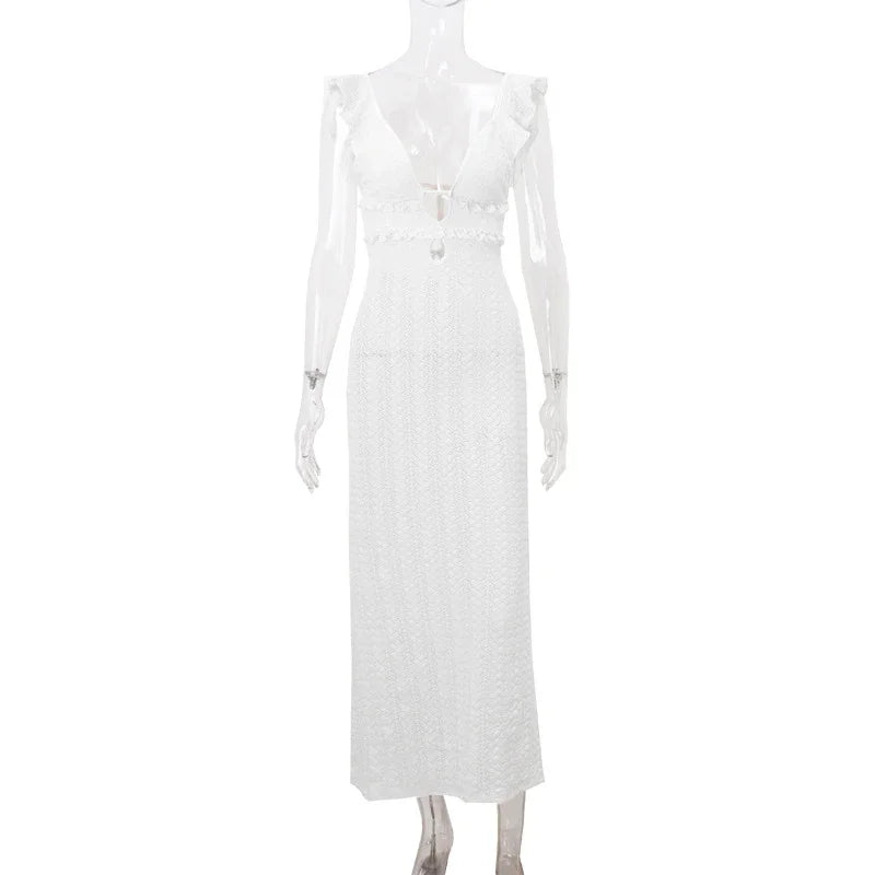 Deep V Neck Dresses Sleeveless Slim High Waist Long Dress Femme Holiday Knitted Beach Dress Woman