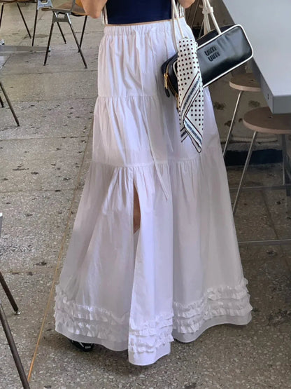 French Style Patchwork Mushroom Edge Split Skirt Summer New Versatile and Personalized Aline Long Skirts