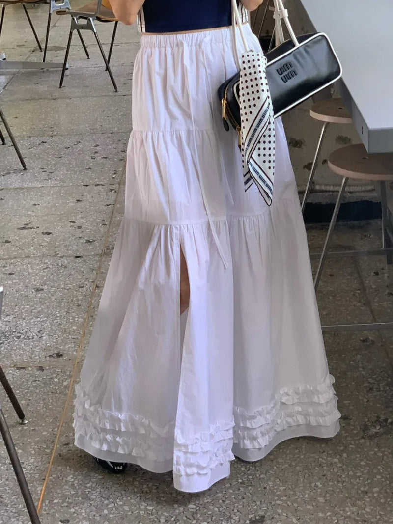 French Style Patchwork Mushroom Edge Split Skirt Summer New Versatile and Personalized Aline Long Skirts