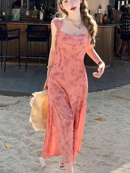 Y2k Spaghetti Strap Dress New Print Midi Dress Female Korean Slim Beach One Pieces Vestidos