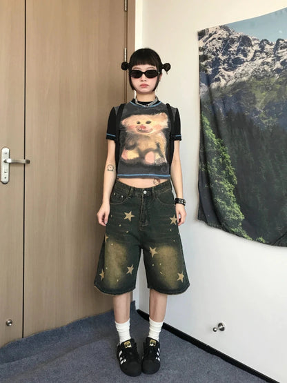 Star Print Denim Jean Shorts Hip Hop Quarter Pants Y2k Oversize Do Old Summer Slouchy Bottoms