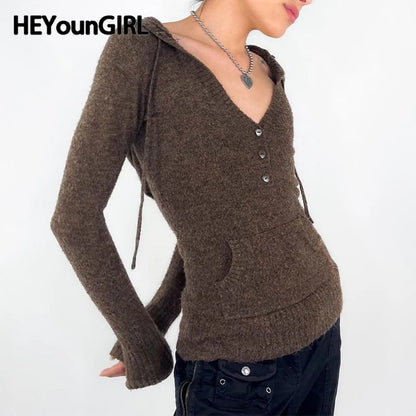 Y2k Brown V-neck Hooded Sweater Basic Slim Button Up Knitted Pullovers Autumn Outfits Lady