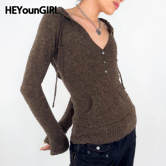 Y2k Brown V-neck Hooded Sweater Basic Slim Button Up Knitted Pullovers Autumn Outfits Lady