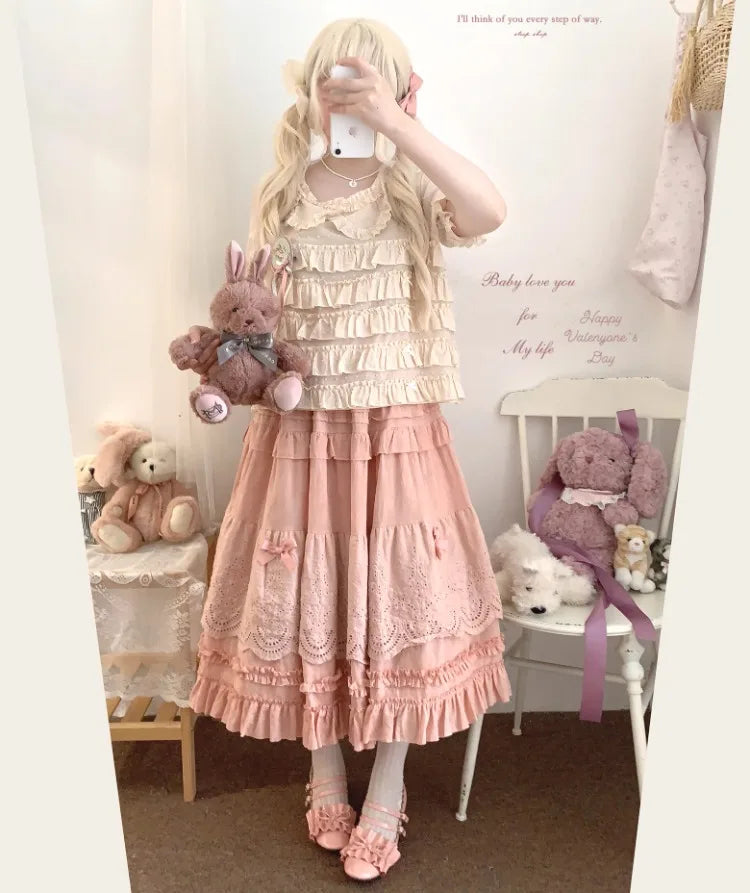 Embroidered Lace Ball Gown Skirts Bow Selvedge Lotus Leaf Skirt Clothing Sweet Age Reduction Kawaii Skirt