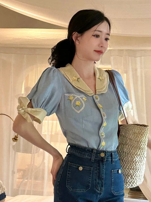 Blue Embroidered Shirts Lapel Sweet Temperament Blouses Y2k Clothing New Korean Blusa Mujer Moda