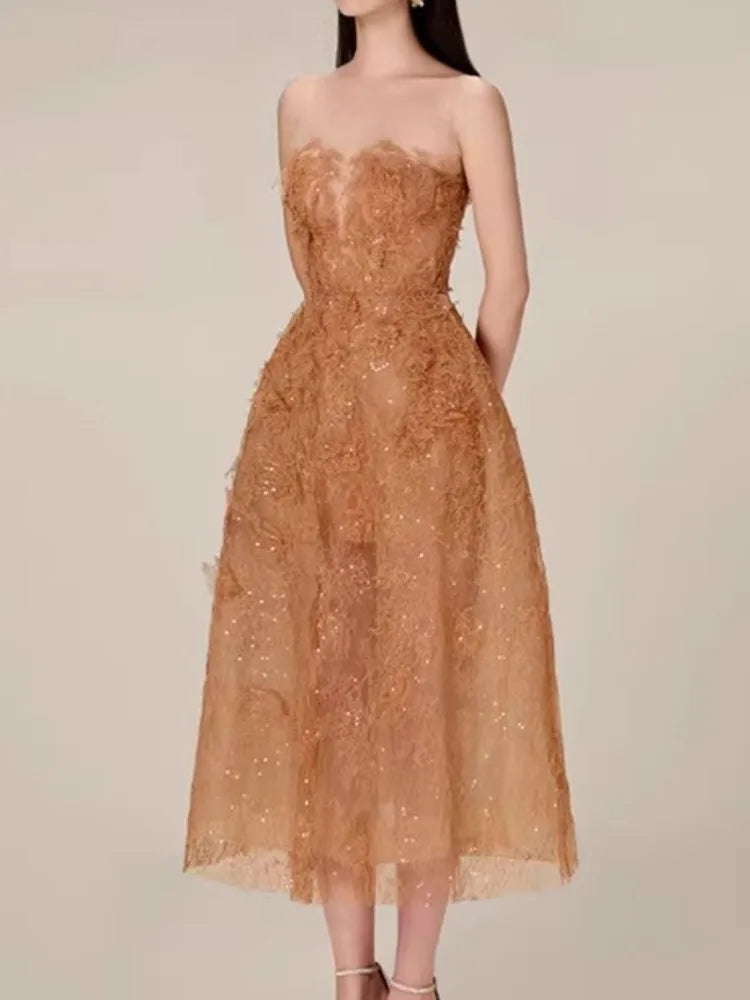 Korean Style 3d Flower Sequin Lace Strapless Dress Multi-color Mesh Long Dresses New Spring Summer A7877