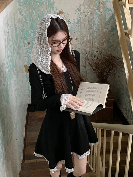 Black Mini Dress for Lace Hooded Long Sleeve Aline Dress French Style Spring Autumn Dress