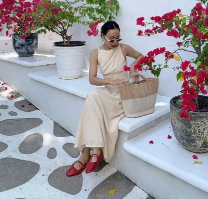 Korean Summer New French Vacation Style Wrinkles Hugging Waist Stretching Sleeveless Strap Long Dresses