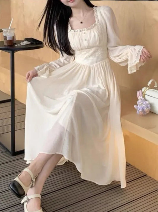 French Princess Midi Dresses Summer Korean Lace Spliced Long Sleeve Vestidos New Evening Clothes