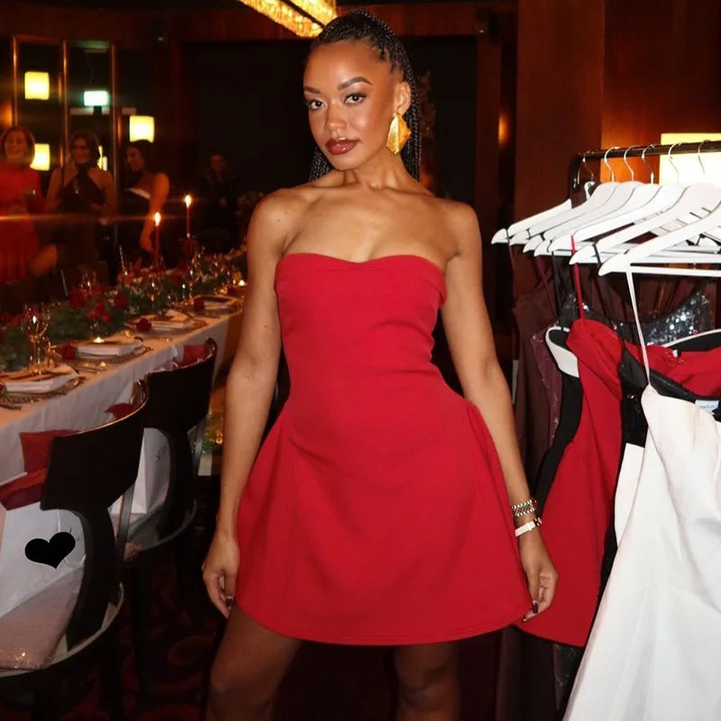 Backless Tube Top Dress for One-shoulder Contrast Color Splice Mini Dress A-line Zipper Lady Club Party Dress