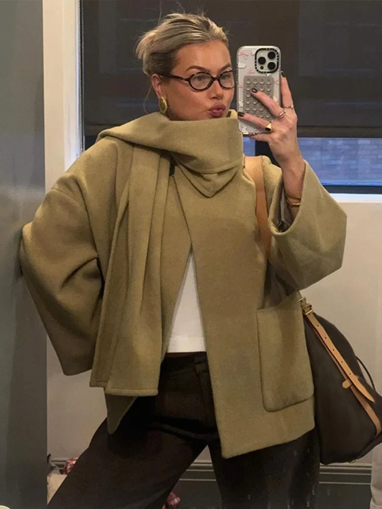 Woolen Scarf Collar Coat Single Breasted Thicken Warm Pocket Loose Jacket Winter Long Sleeve Outwear