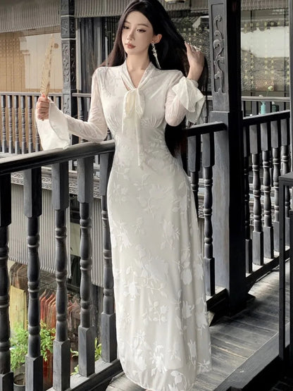Flare Sleeve Long Dresses for New Autumn Vneck Slim Wedding Runway Party Lace Vestidos Clothing Long Robe