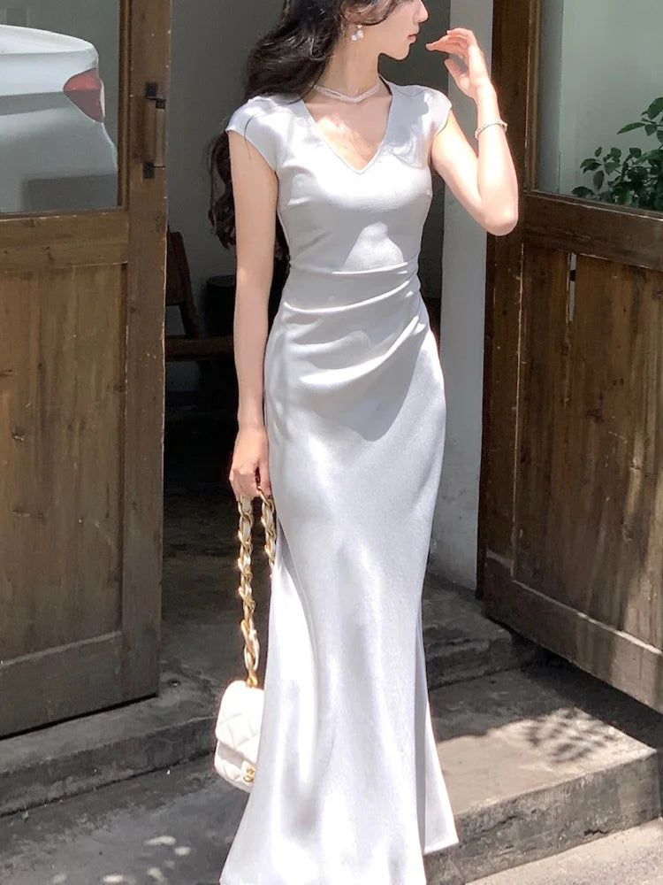 Vneck Slim Midi Dresses for Sleeveless Party Prom Female Clothes Summer