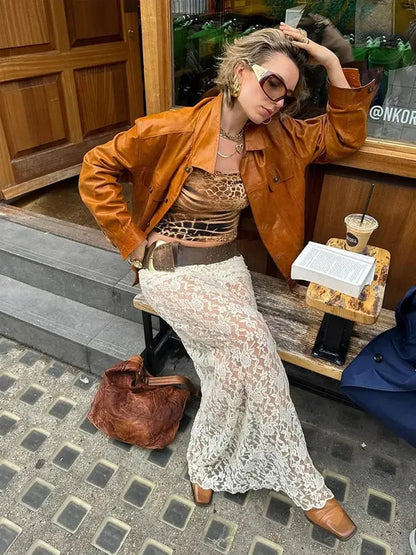 Single Breasted Leather Jacket Lapel Neck Long Sleeved Coats Autumn Ins Lady High Street Outerwear