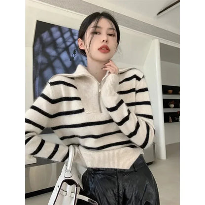 ’s Autumn Winter New Retro Lapel Half Zipper Contrasting Stripes Sweater Long Sleeved Loose Knitted Coat