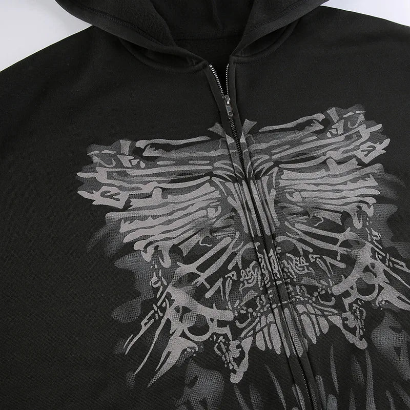 Dark Personality Printed Hoodie Female American New Black Hooded Zipper Coat Loose Top