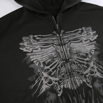 Dark Personality Printed Hoodie Female American New Black Hooded Zipper Coat Loose Top