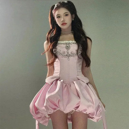 Birthday Dress for Summer New ' Party Evening Dresses Pink Costume Strapless Fluffy Mini Dress Clothing