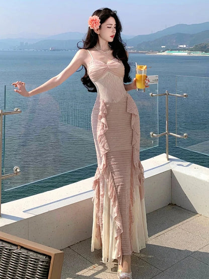Summer French Style Long Dresses for Spaghetti Strap Ruffles Birthday Party Dress Female Holiday Beach Vestidos Robe