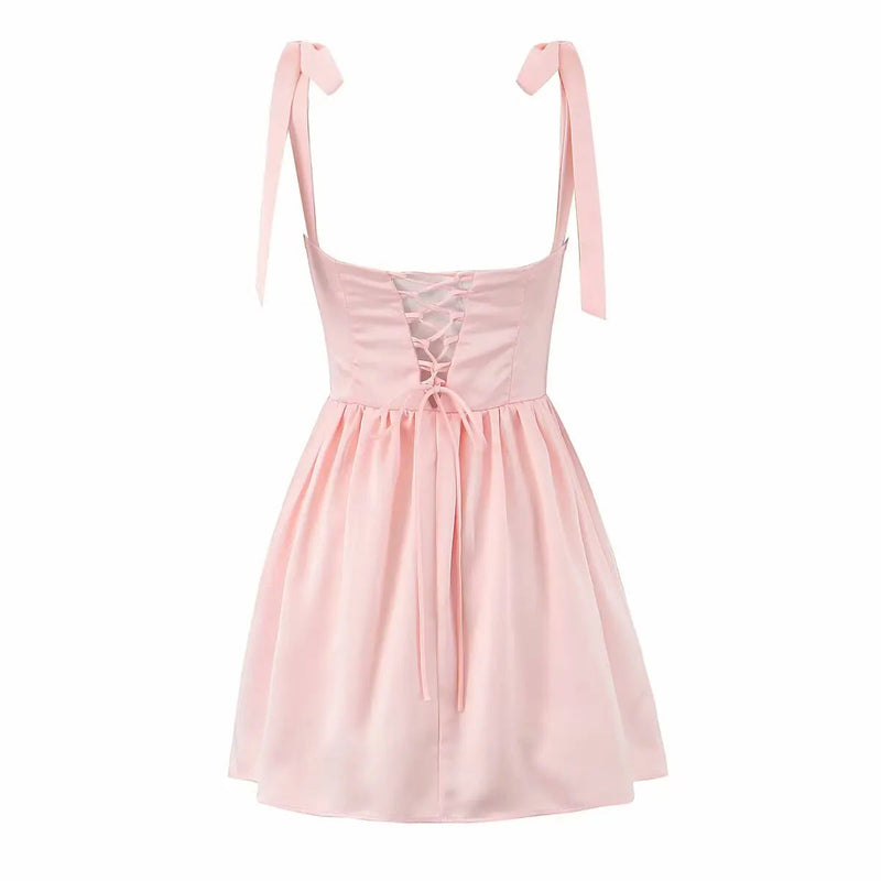 Pleated Design Tie-up Sleeveless Summer Dresses Color Slim Fit Mini Dress Simple Party Dress