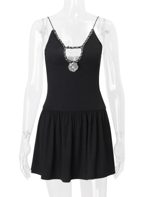 Deep V Neck Flower Mini Dress for Black New Spaghetti Strap Slim Fit Sleeveless Club Party Dress