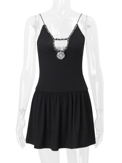 Deep V Neck Flower Mini Dress for Black New Spaghetti Strap Slim Fit Sleeveless Club Party Dress