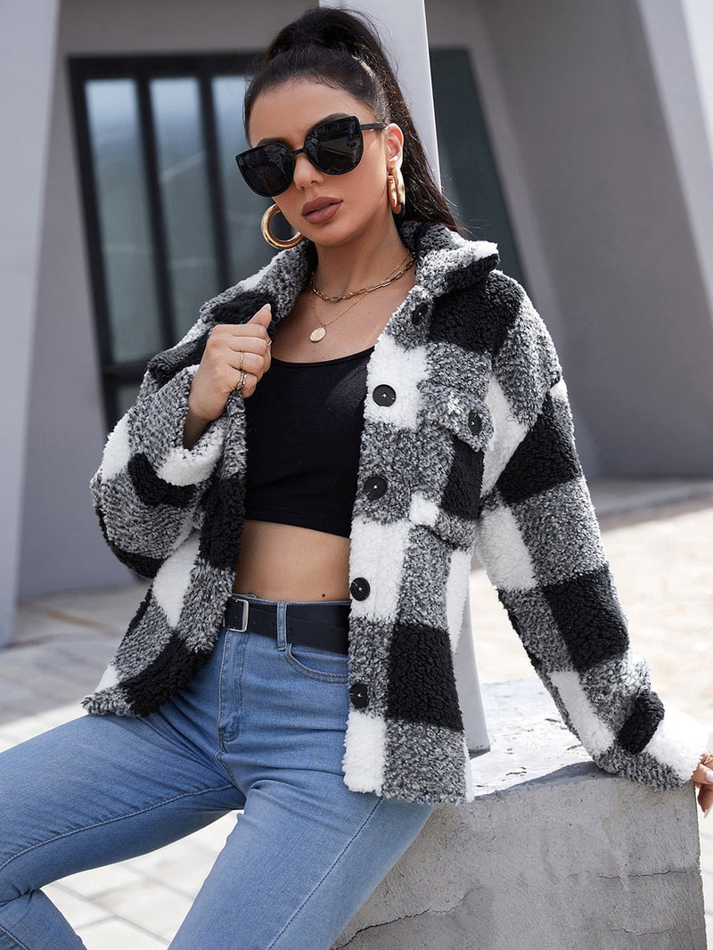 Plush Plaid Flap Pocket Coat