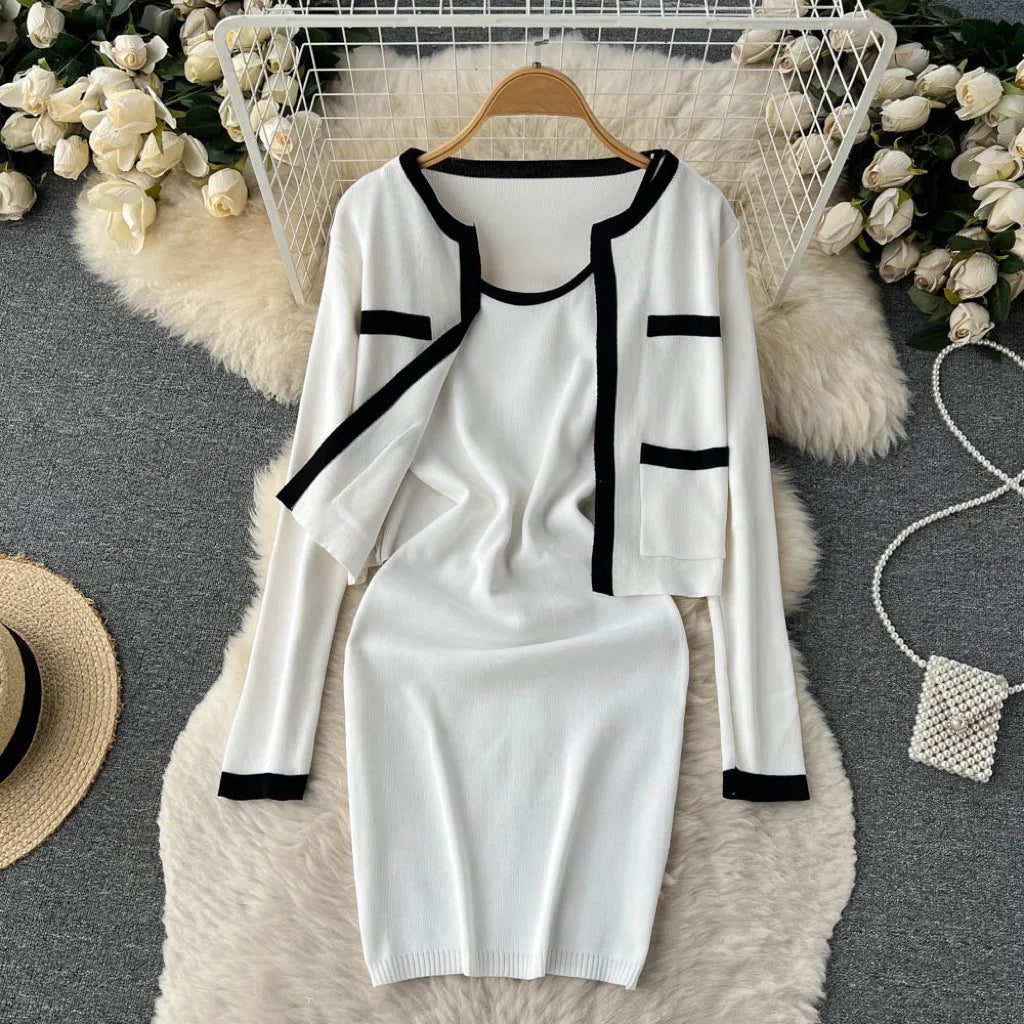 Autumn/winter Small Fragrant Wind Contrast Knitted Cardigan+suspended Tank Top Knitted Dress Ins