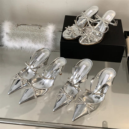 Summer Crystal Butterflyknot Pointed Toe Pumps Buckle Strap High Heels Party Prom Sandals Mule Shoes