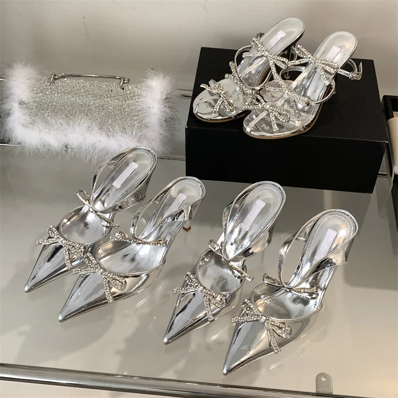 Summer Crystal Butterflyknot Pointed Toe Pumps Buckle Strap High Heels Party Prom Sandals Mule Shoes