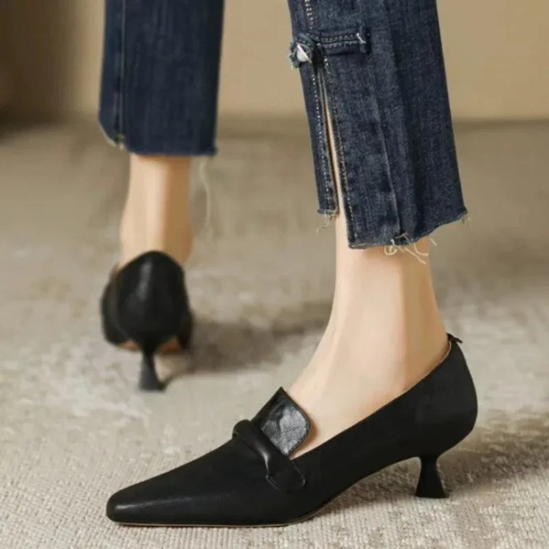 French Retro Temperament Lowheeled Shoes Spring New Leather Pointed High Heels Small Leather Shoes Large Size 43
